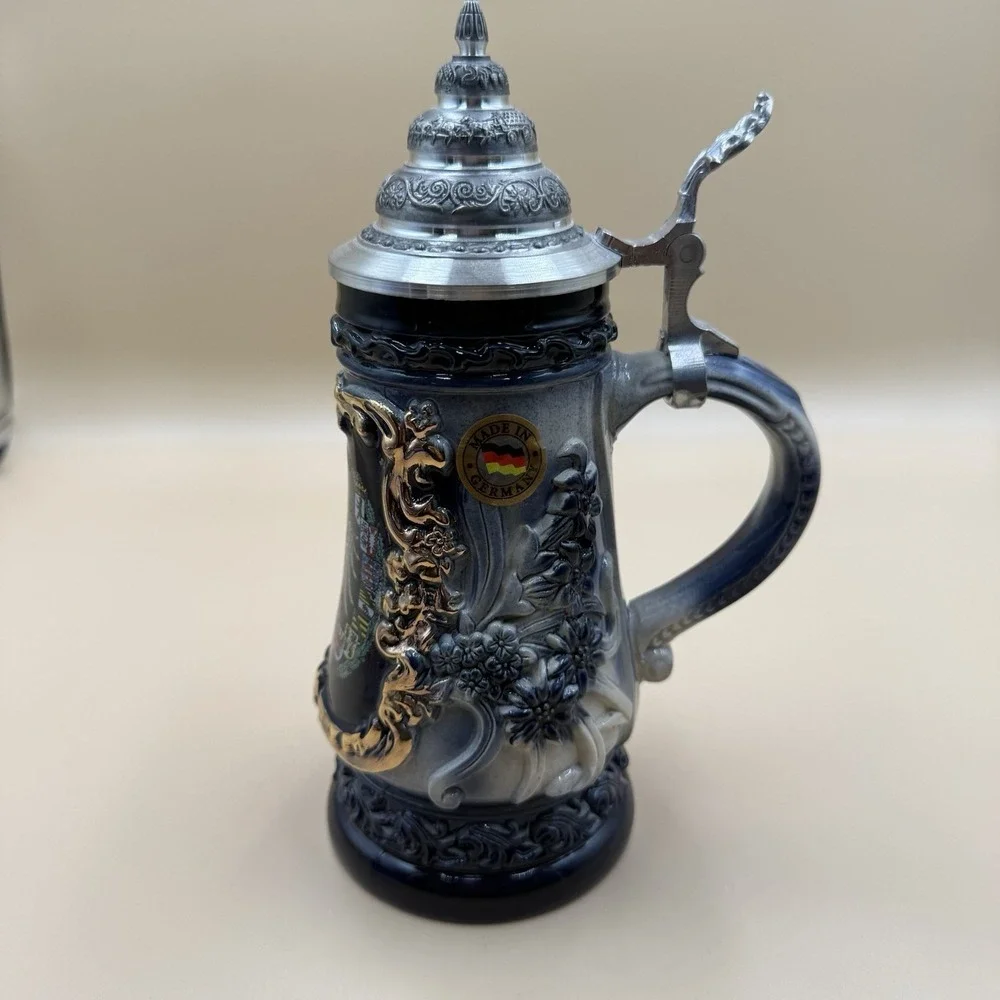 King German Stuttgart Beer Stein Handmade Pewter Lid-Hand Painted 0.5L (8